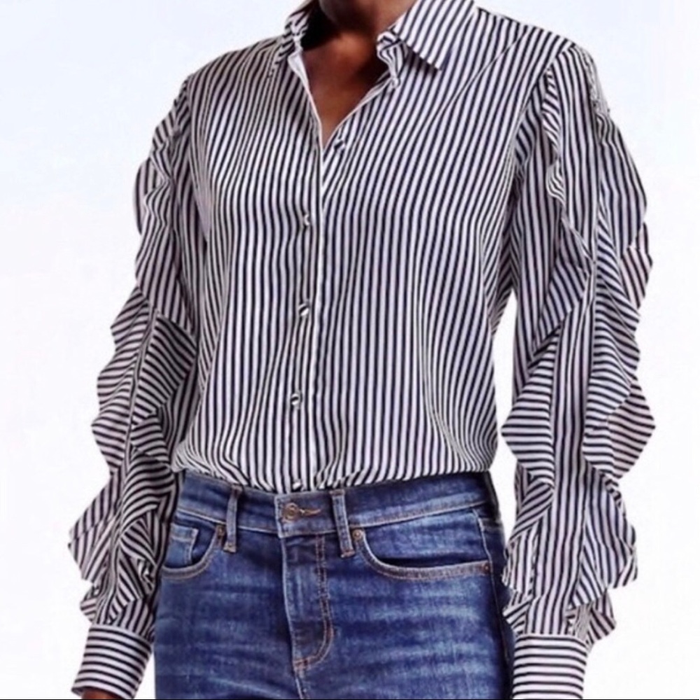 Banana Republic Navy Striped Ruffles Sleeve top